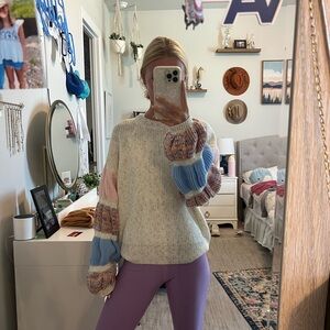 Cream and Pink Crew Neck Sweater with Textured Knit